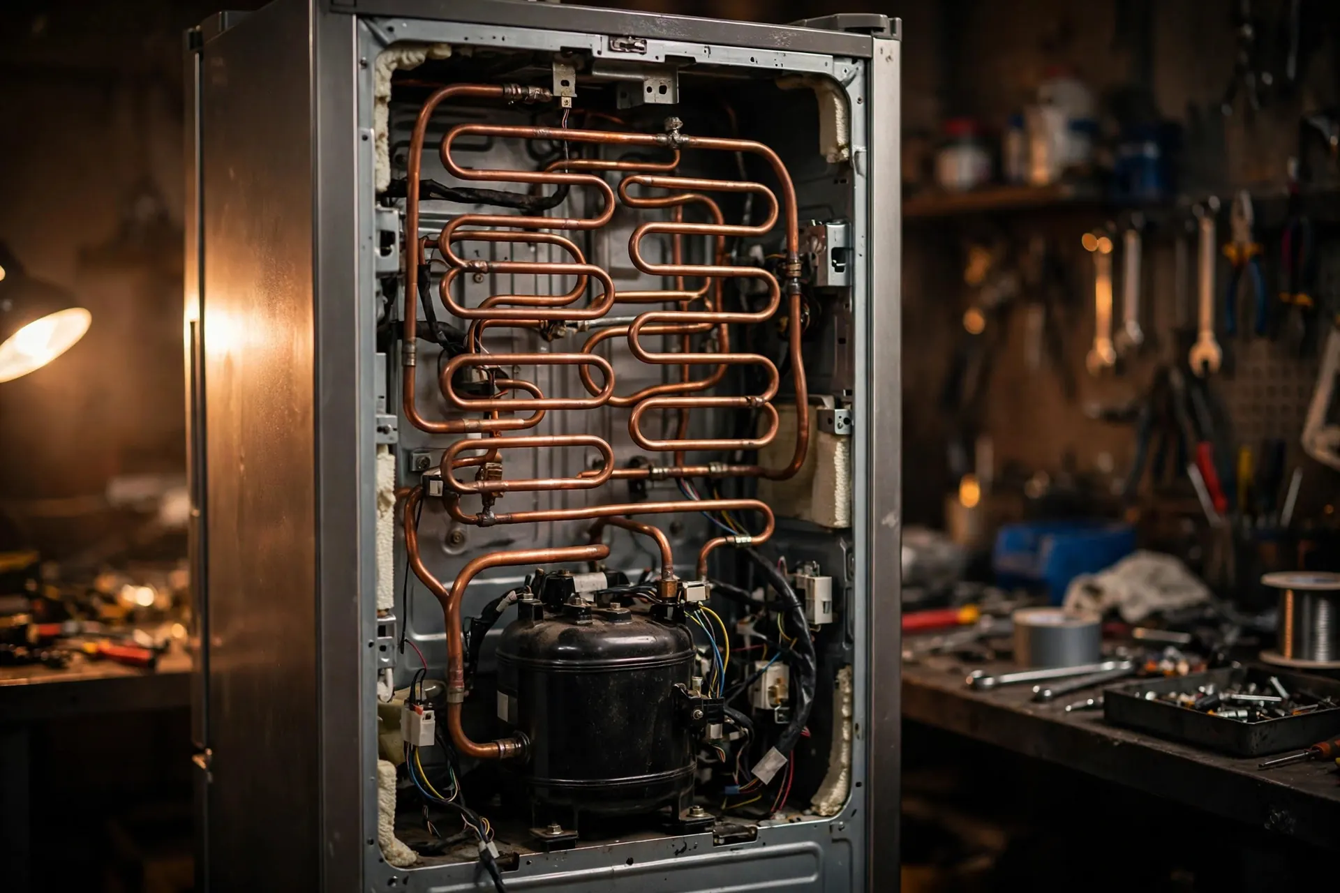 Refrigerator with its back panel removed, copper refrigerant coils and compressor exposed on a repair bench