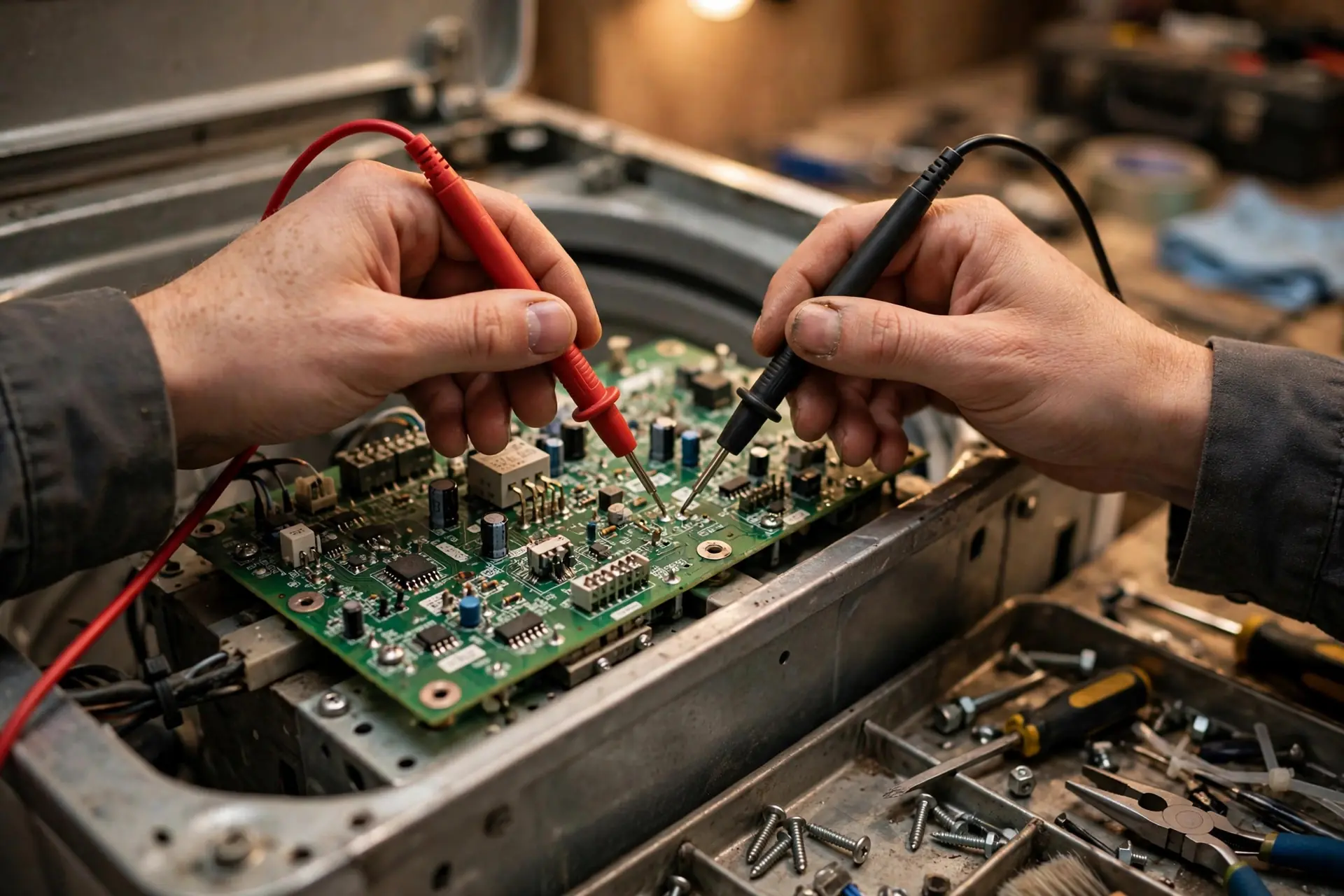 Technician testing an exposed washing machine control board with multimeter probes