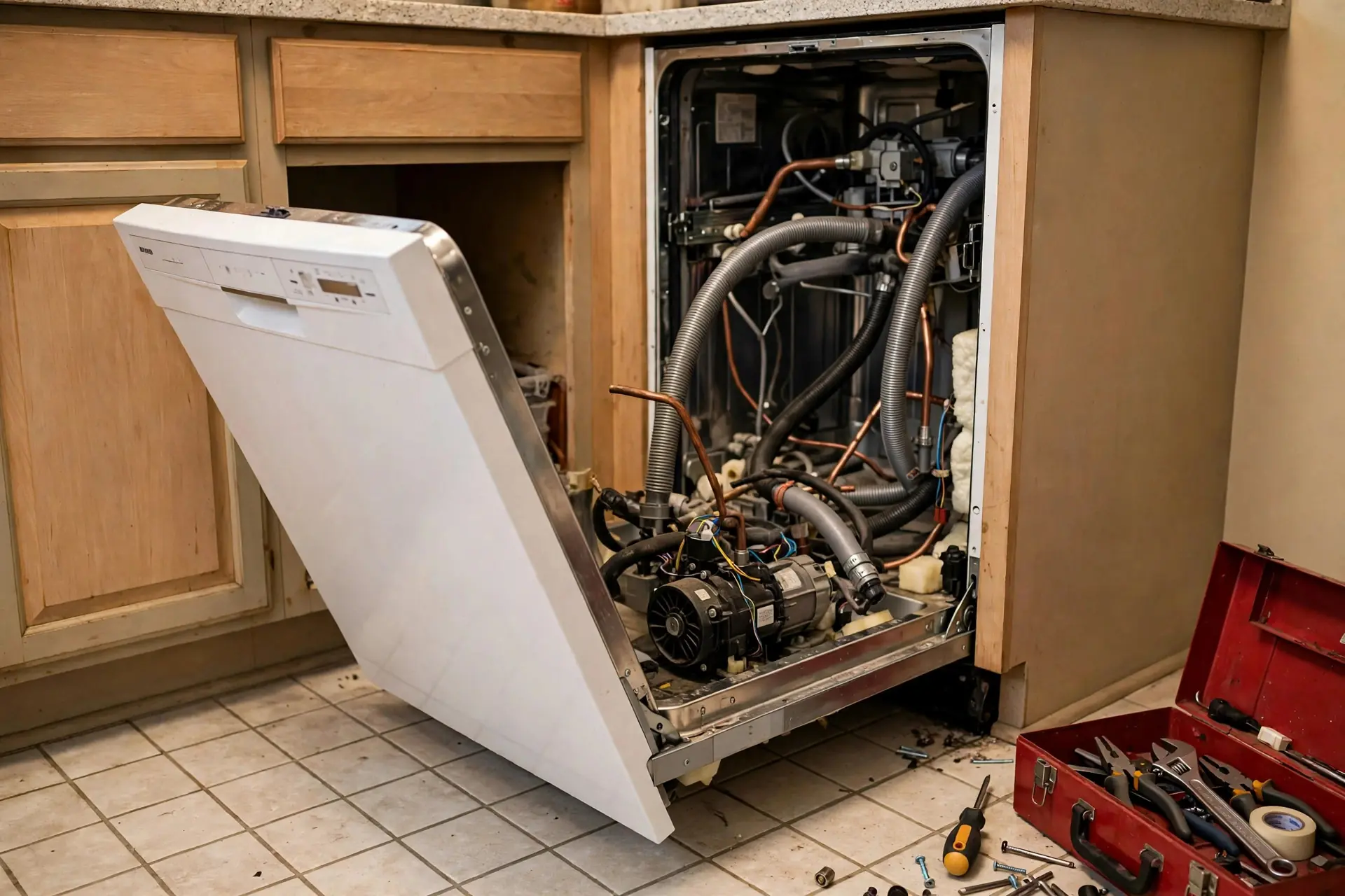 Dishwasher pulled out from kitchen cabinets during a repair