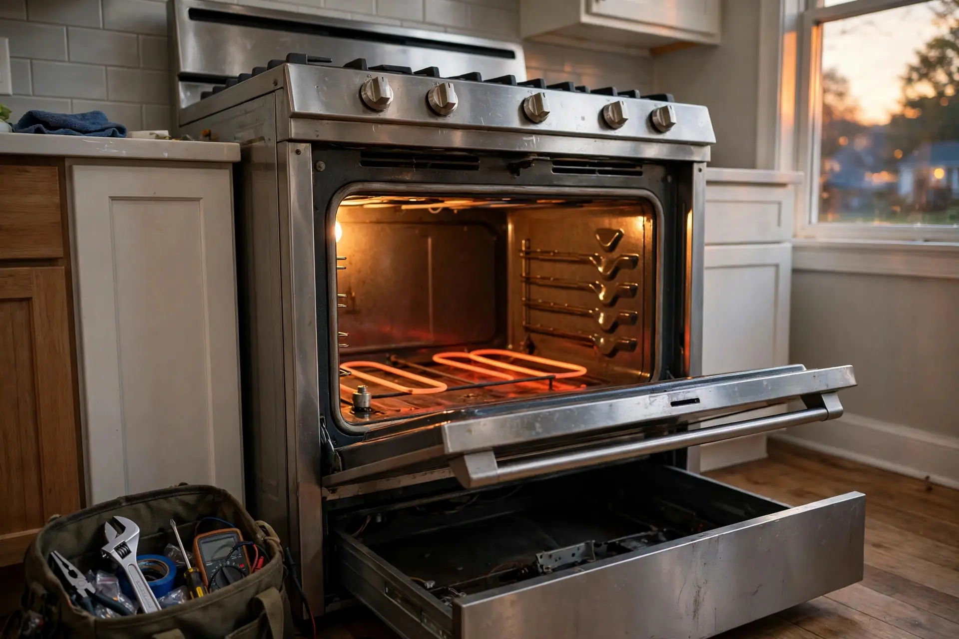 Gas range oven with door open during a repair visit